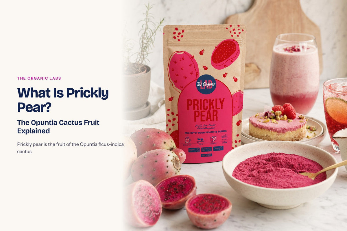 Prickly pear powder pack with a bowl of the powder, drinks and desserts