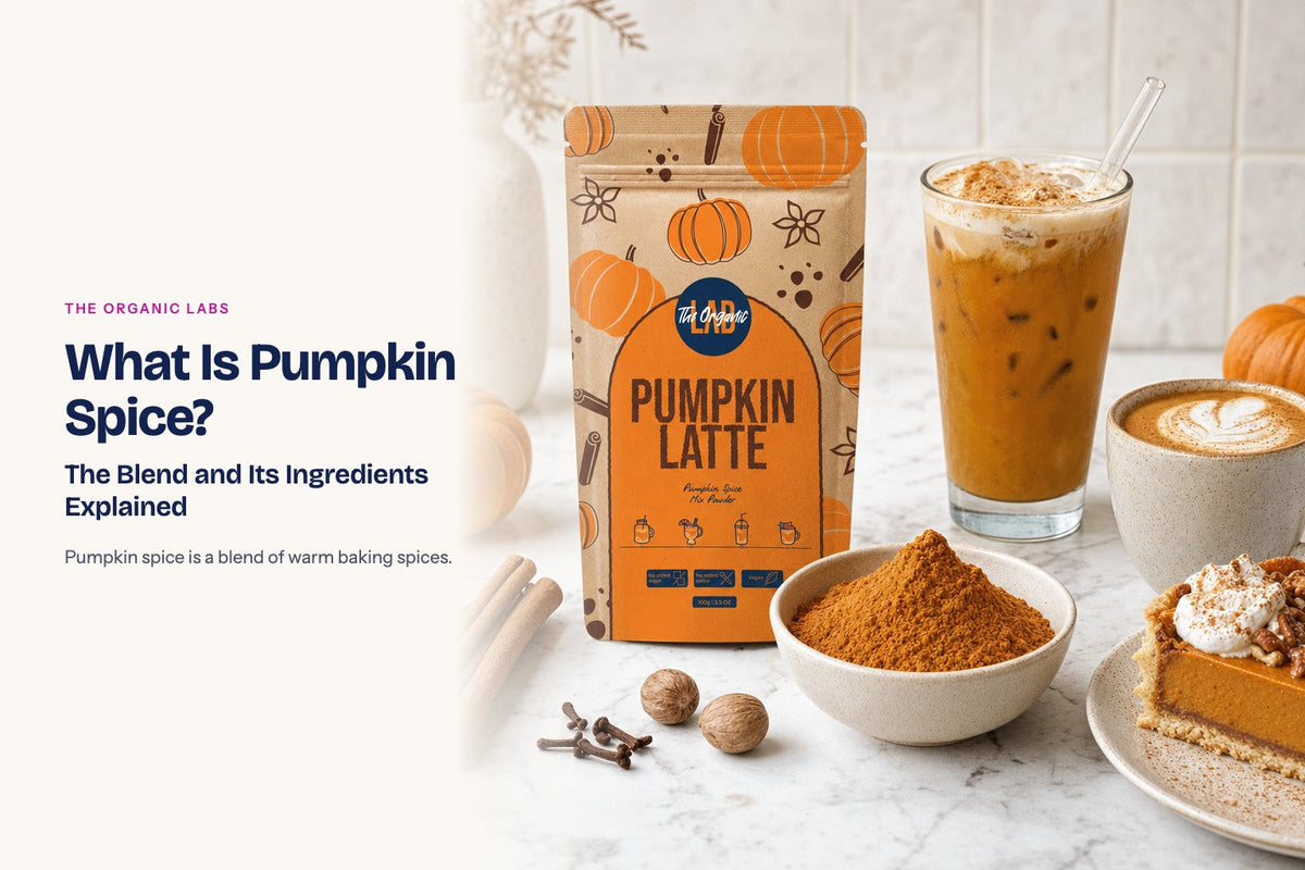 Pumpkin spice powder pack with a bowl of the powder, drinks and desserts