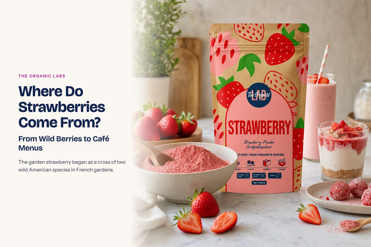 Freeze-dried strawberry powder pack with a bowl of the powder, drinks and desserts