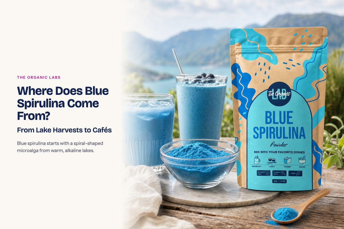 Blue spirulina powder pack with the raw ingredient and a bowl of the powder