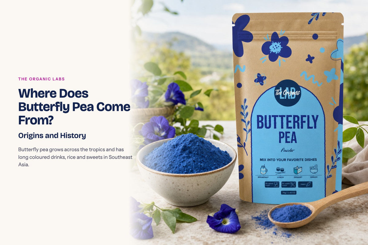 Butterfly pea powder pack with the raw ingredient and a bowl of the powder