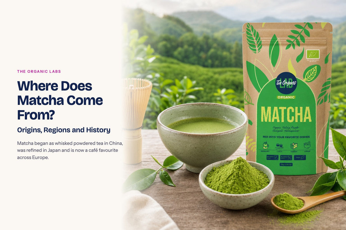 Matcha powder pack with the raw ingredient and a bowl of the powder