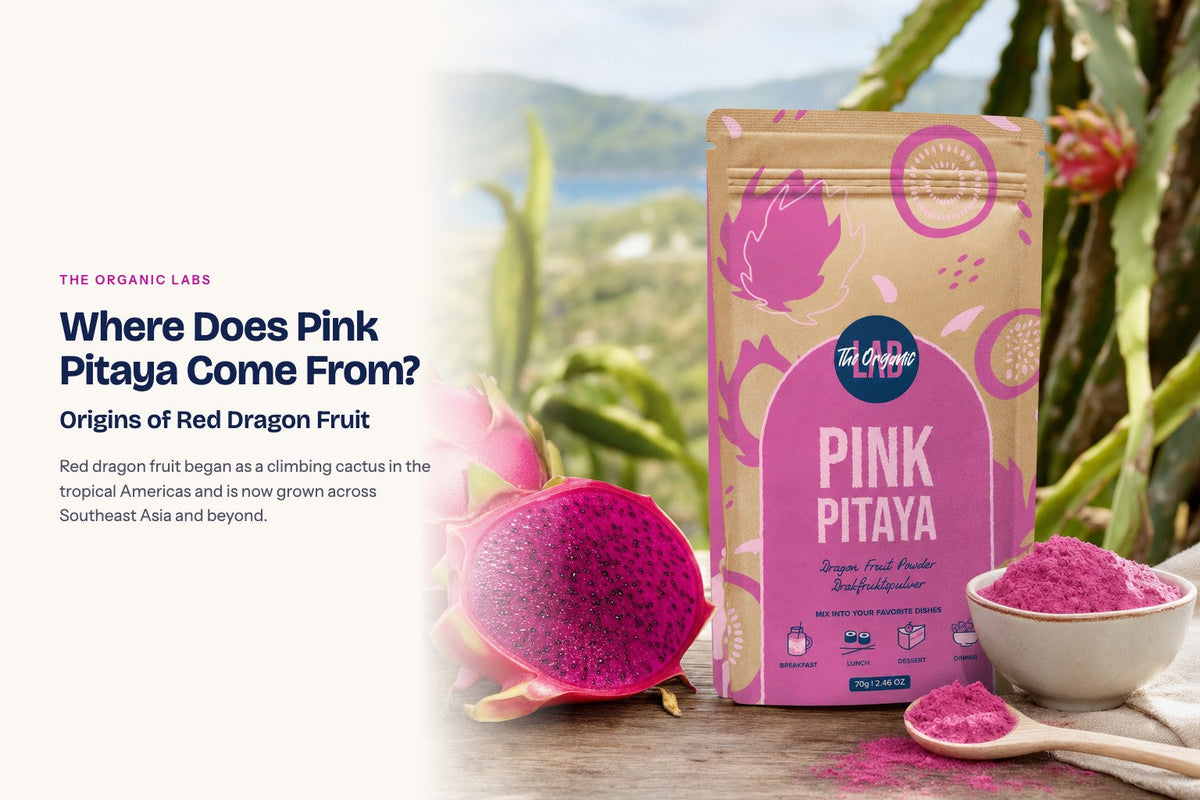 Pink pitaya powder pack with the raw ingredient and a bowl of the powder