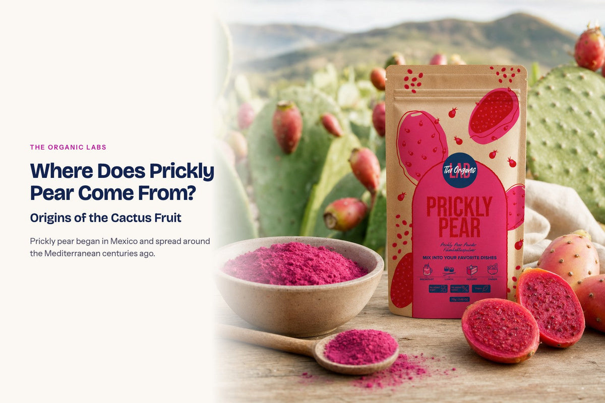 Prickly pear powder pack with the raw ingredient and a bowl of the powder