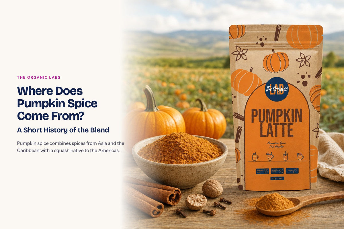 Pumpkin spice powder pack with the raw ingredient and a bowl of the powder