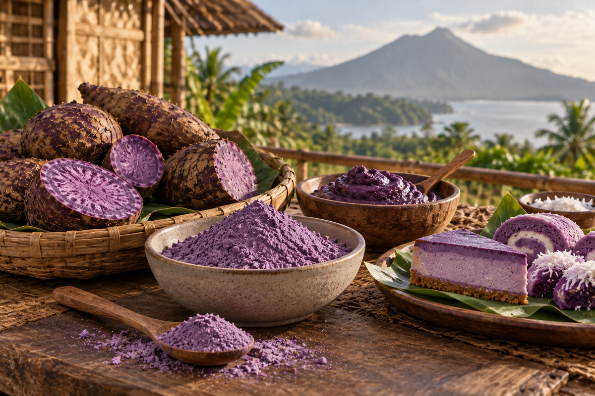 Ube purple yam, Ube powder and traditional Filipino Ube desserts in the Philippines