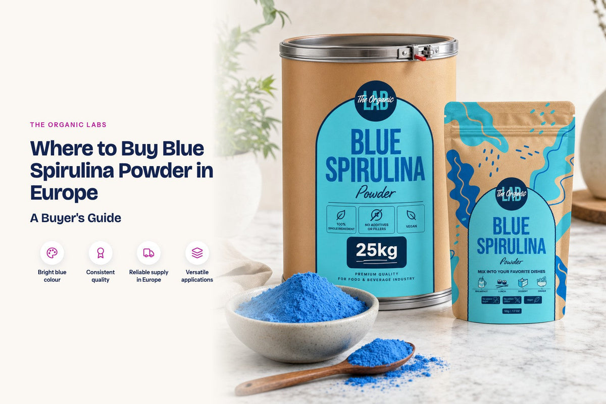 Blue spirulina powder pack with a 25 kg bulk drum and a bowl of the powder