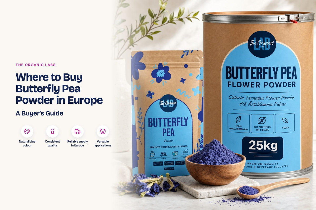 Butterfly pea powder pack with a 25 kg bulk drum and a bowl of the powder