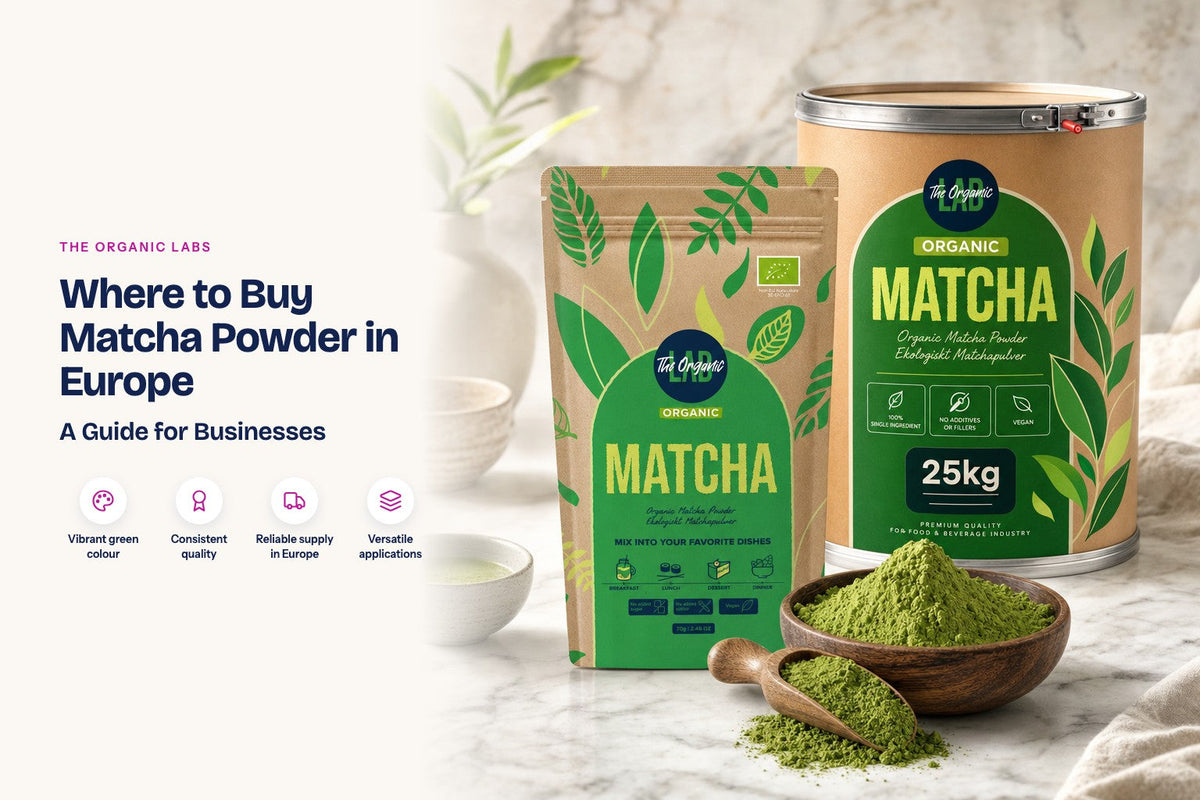 Matcha powder pack with a 25 kg bulk drum and a bowl of the powder
