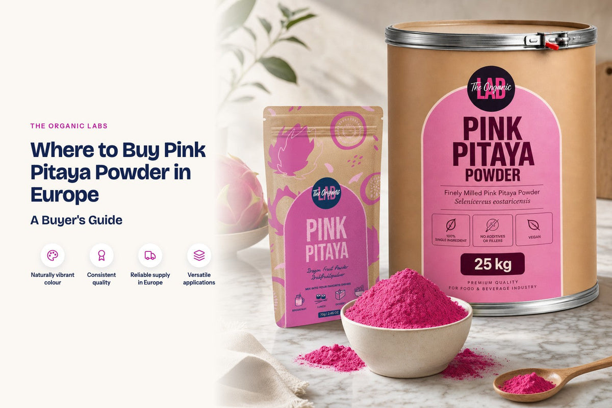 Pink pitaya powder pack with a 25 kg bulk drum and a bowl of the powder