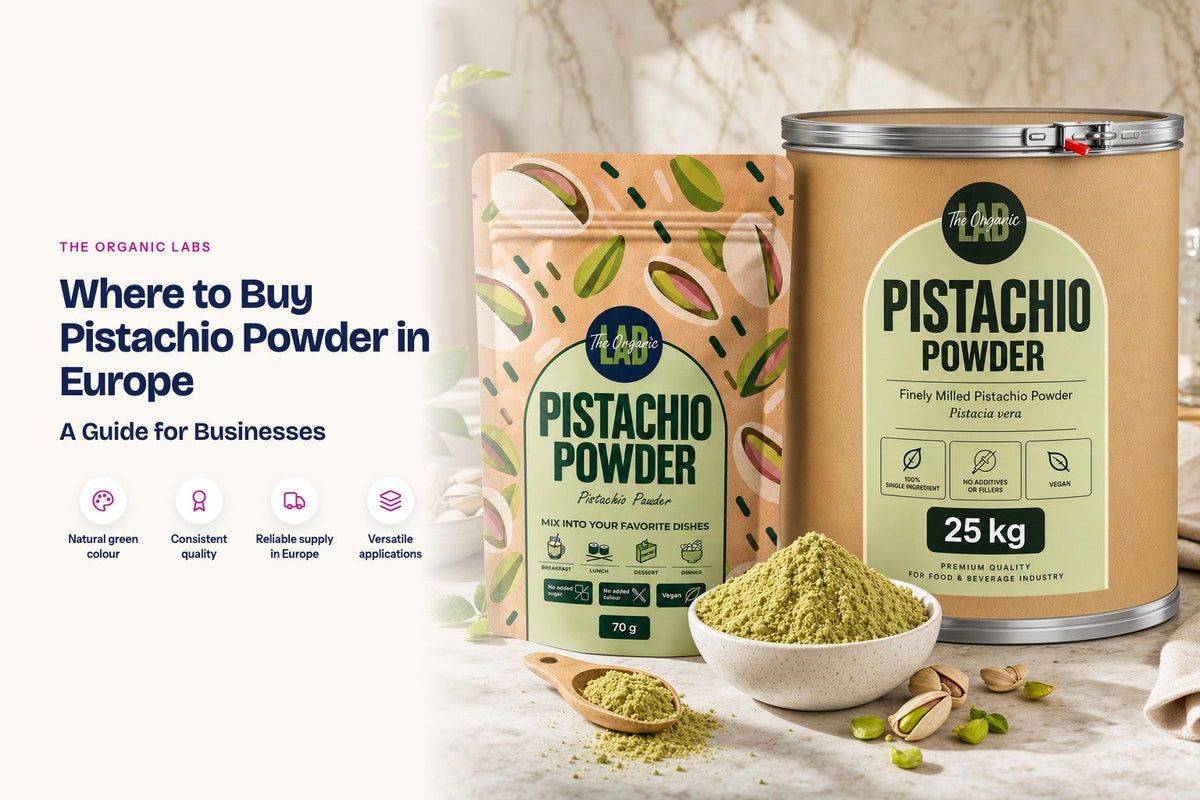 Pistachio powder pack with a 25 kg bulk drum and a bowl of the powder
