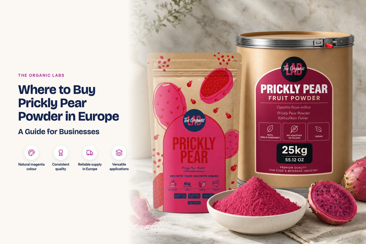 Prickly pear powder pack with a 25 kg bulk drum and a bowl of the powder