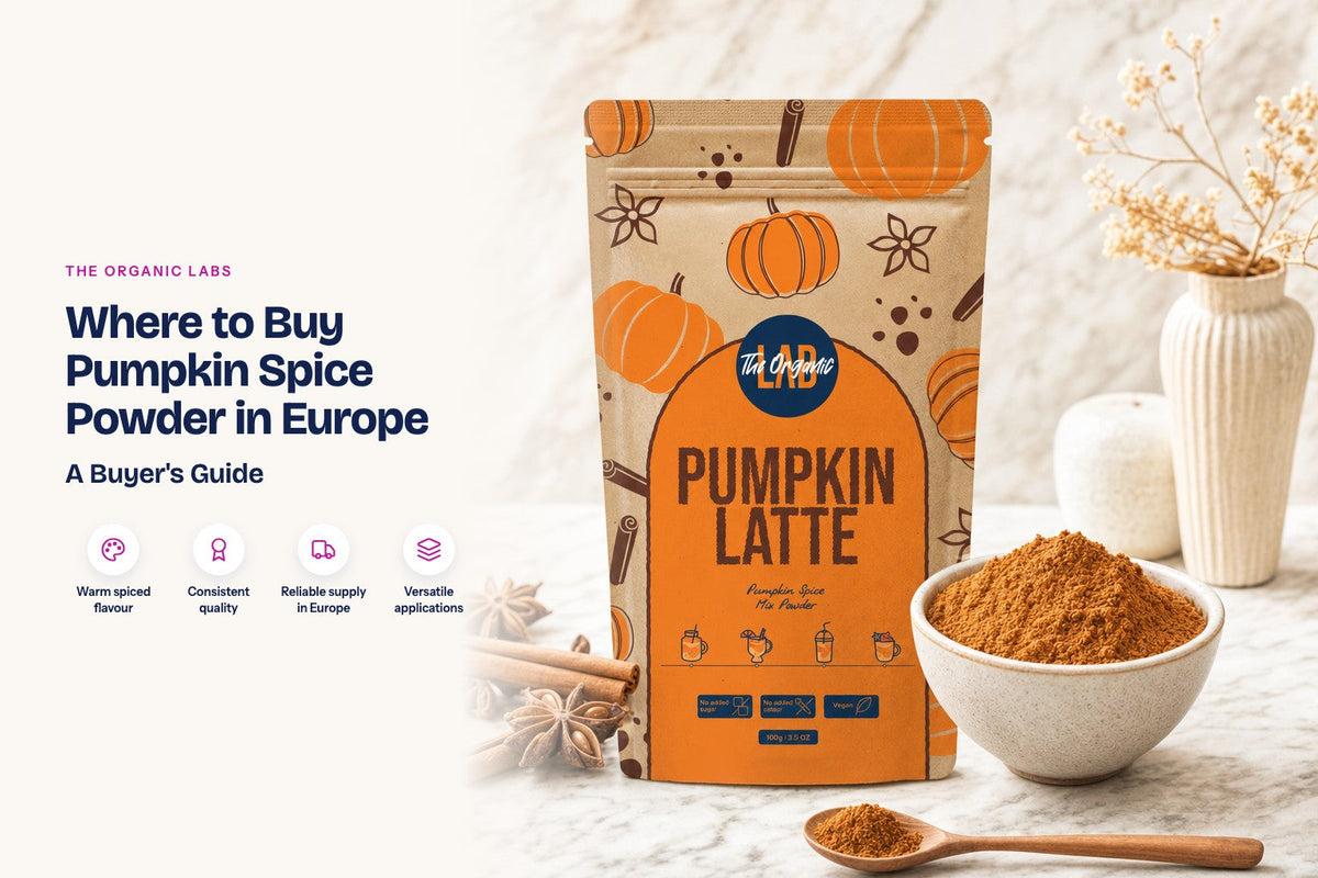 Pumpkin spice powder pack with a 25 kg bulk drum and a bowl of the powder