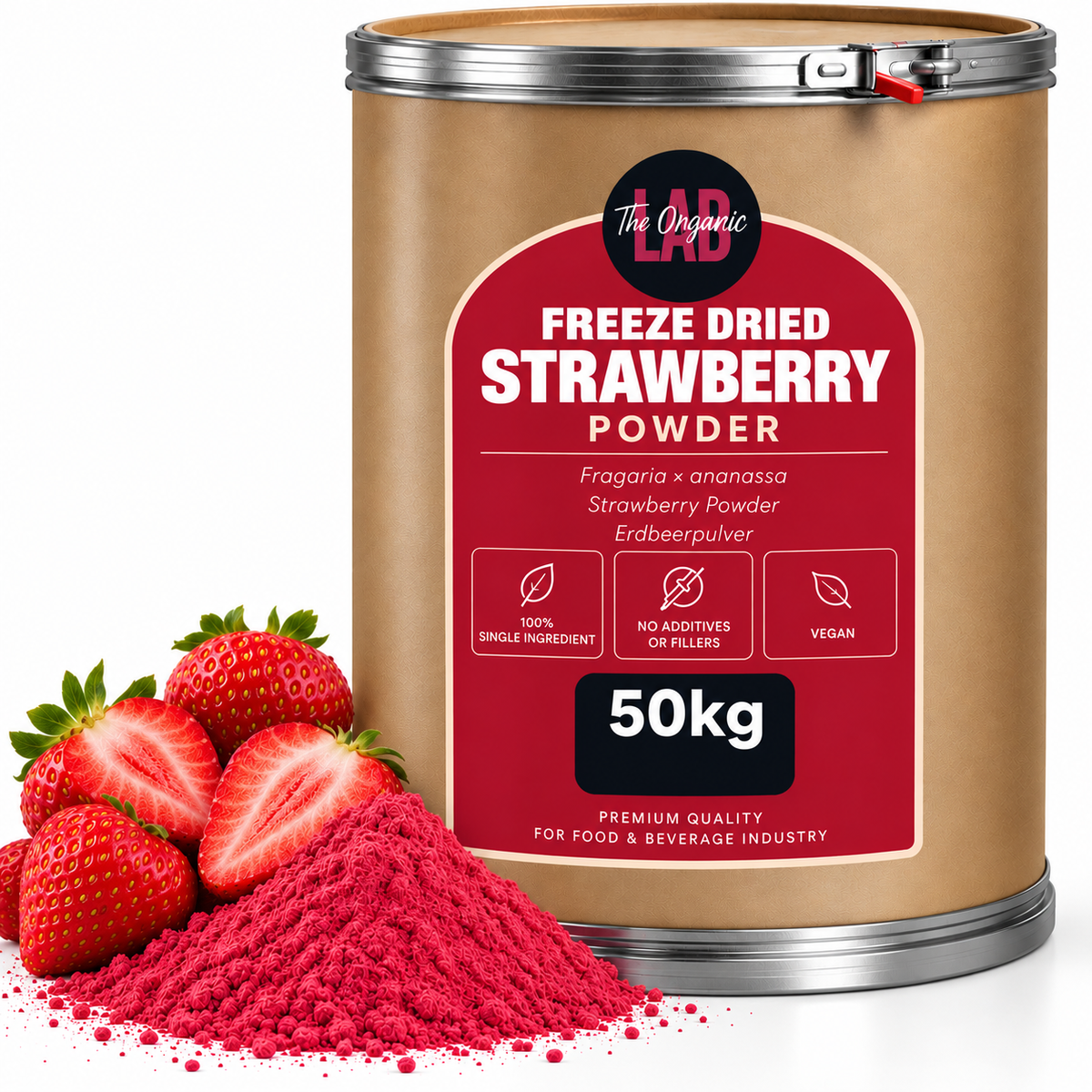 Bulk freeze-dried strawberry powder in a 50 kg drum with strawberries