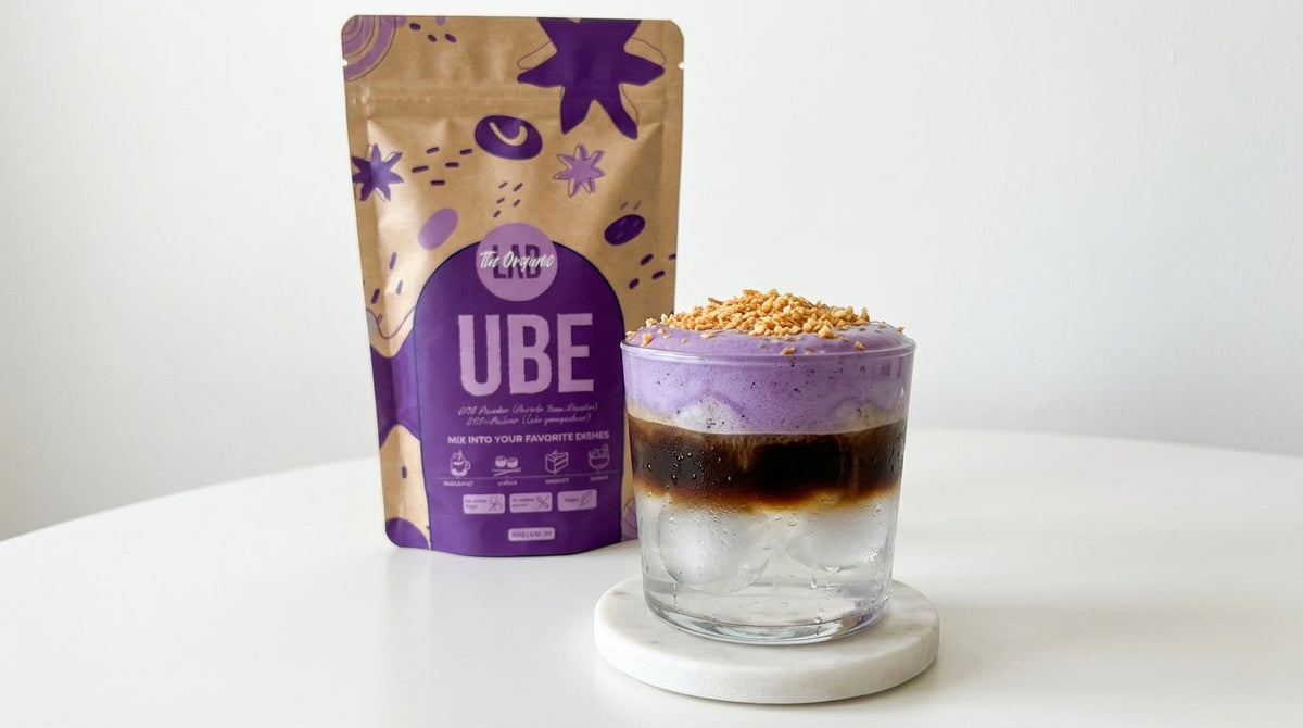 Iced Ube coconut water drink made with Ube Purple Yam Powder and coconut foam