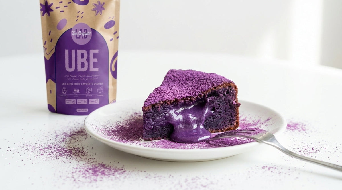 Ube lava cake made with purple yam powder