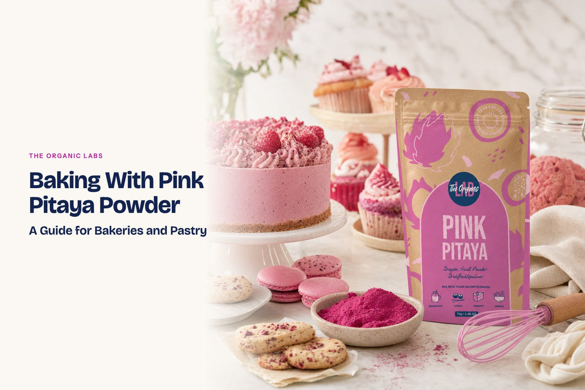Pink pitaya powder pack with cakes, cupcakes and macarons