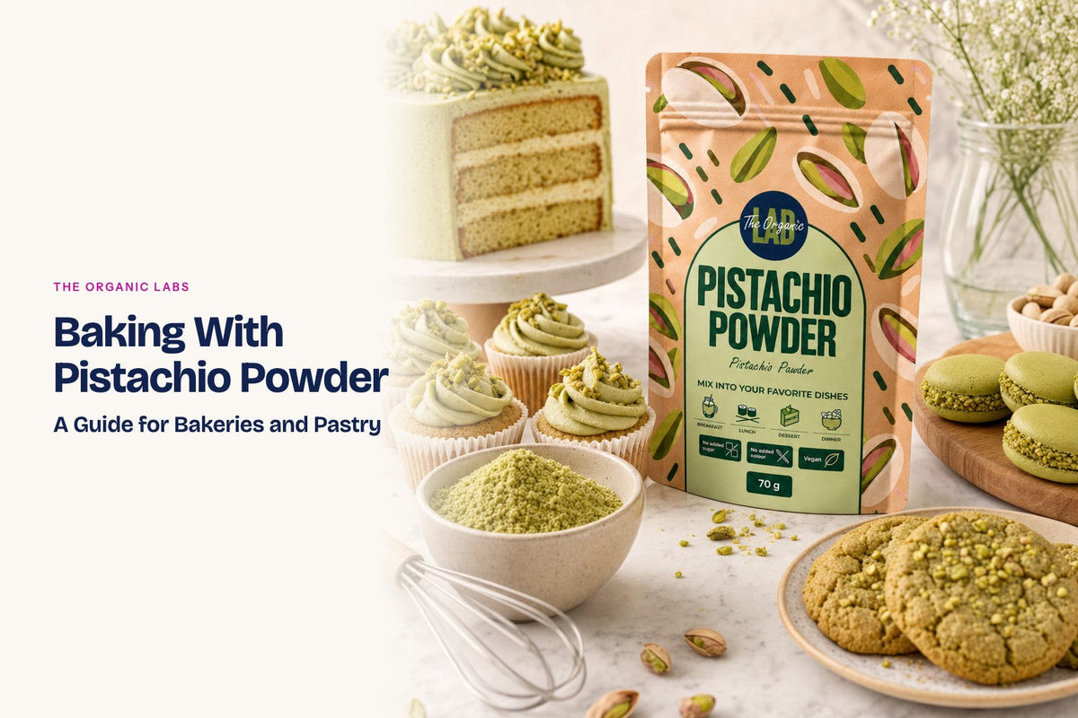 Pistachio powder pack with cakes, cupcakes and macarons