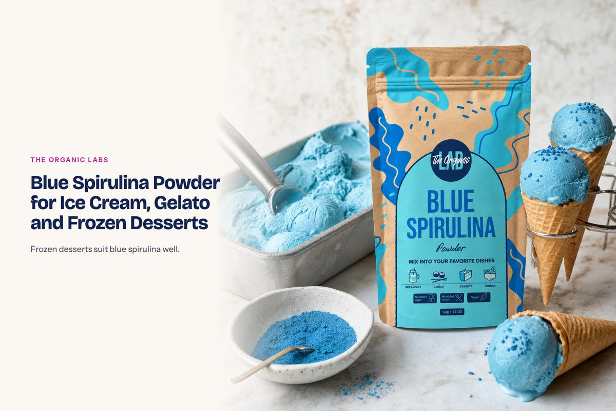 Blue spirulina powder pack with scoops of ice cream and gelato