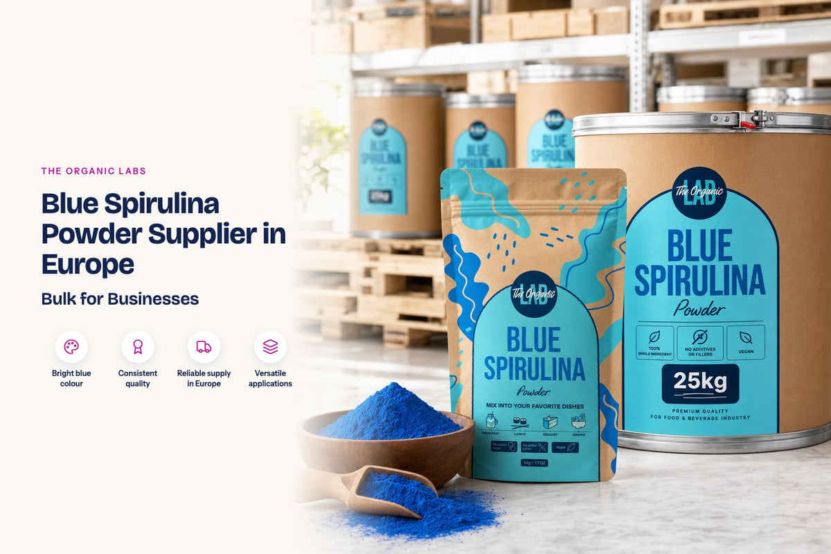 Blue spirulina powder pack with a 25 kg bulk drum in a warehouse
