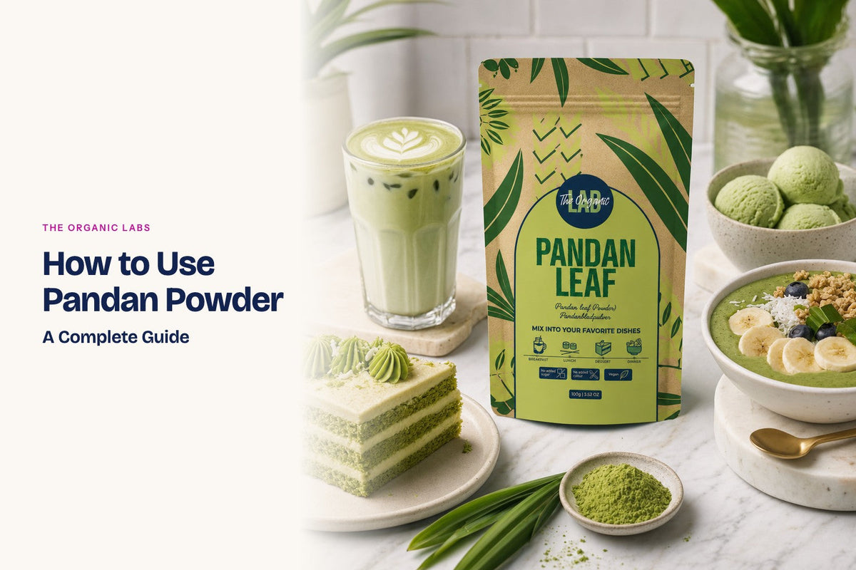 Pandan powder pack with a latte, a smoothie bowl, cake and ice cream