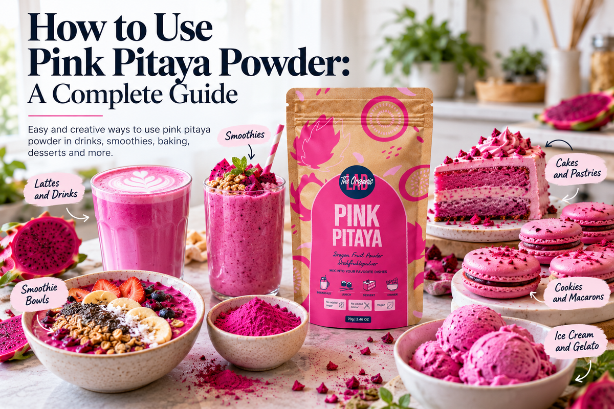 How to use Pink Pitaya Powder in lattes, smoothies, smoothie bowls, baking, desserts, ice cream and gelato