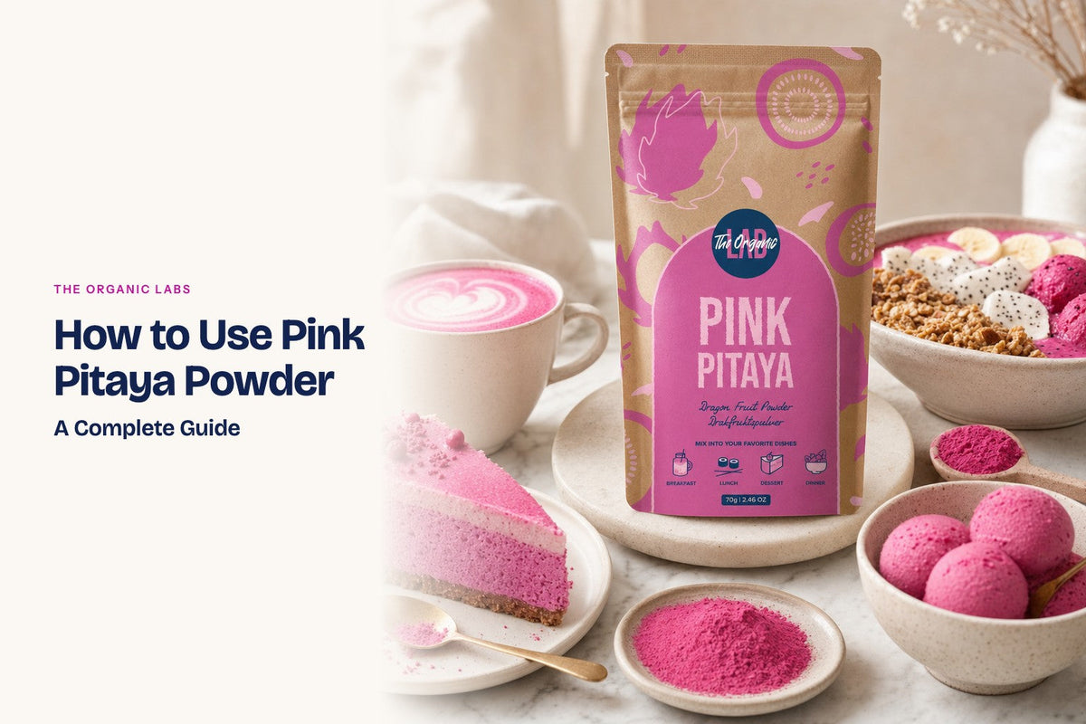 Pink pitaya powder pack with a latte, a smoothie bowl, cake and ice cream