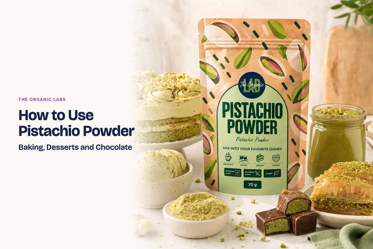 Pistachio powder pack with cake, pastries, chocolate and gelato