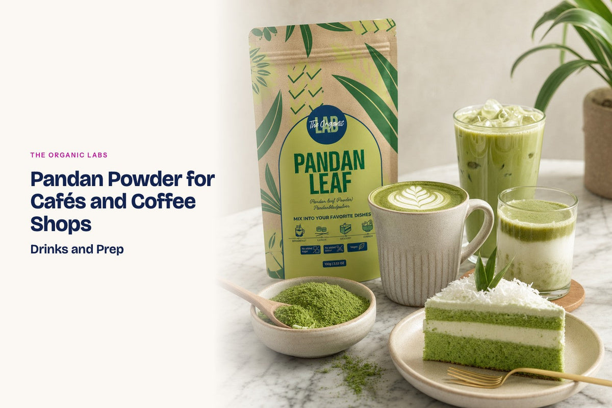 Pandan powder pack with hot and iced lattes on a café counter
