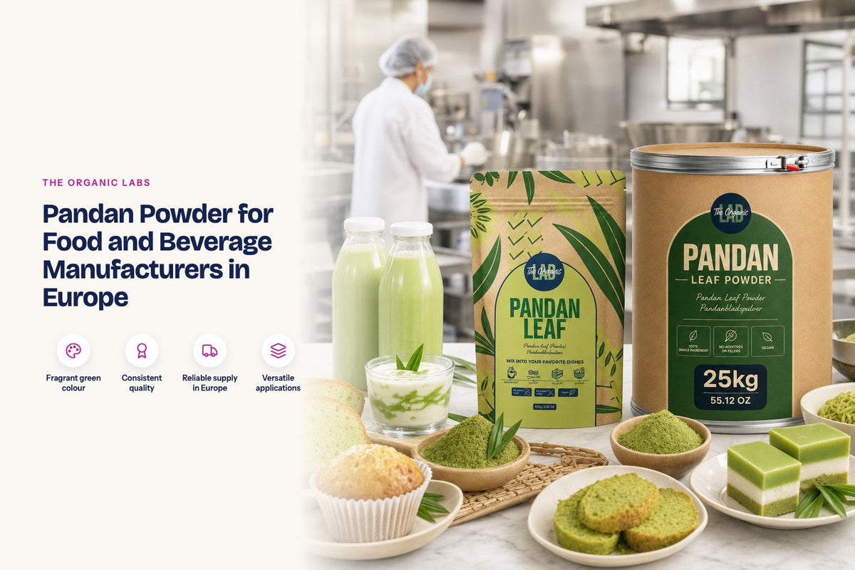 Pandan powder pack with a 25 kg drum and finished products in a food production kitchen