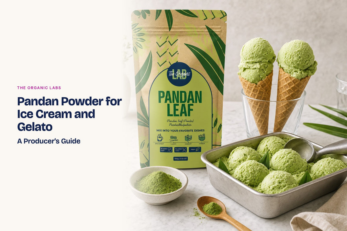 Pandan powder pack with scoops of ice cream and gelato