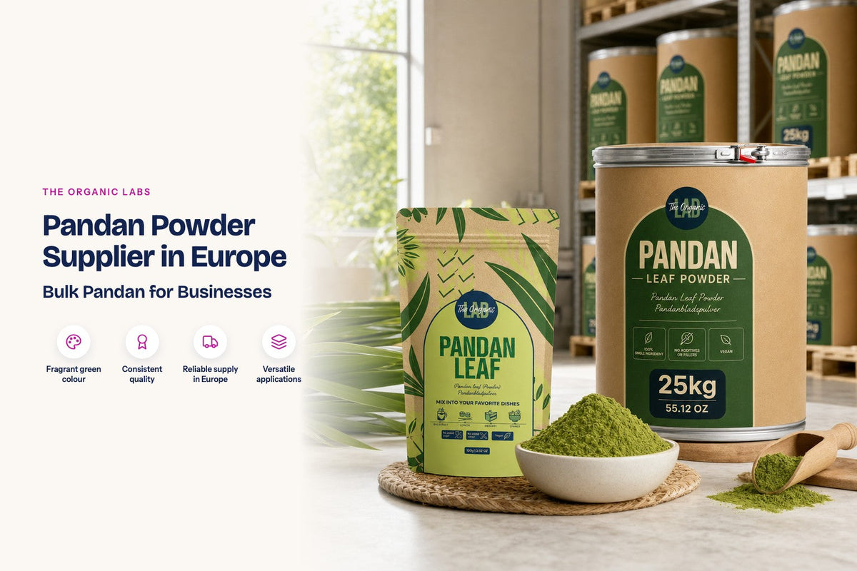 Pandan powder pack with a 25 kg bulk drum in a warehouse