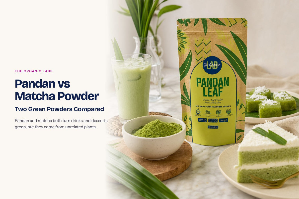 Pandan powder pack with drinks and desserts