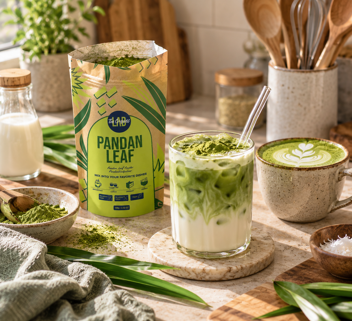 Pandan latte made with The Organic Labs Pandan Leaf Powder, served hot and iced with milk.