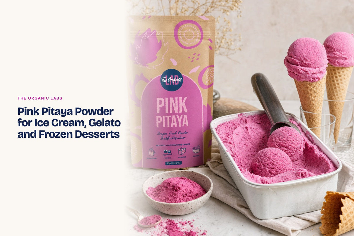 Pink pitaya powder pack with scoops of ice cream and gelato