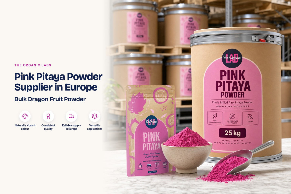 Pink pitaya powder pack with a 25 kg bulk drum in a warehouse