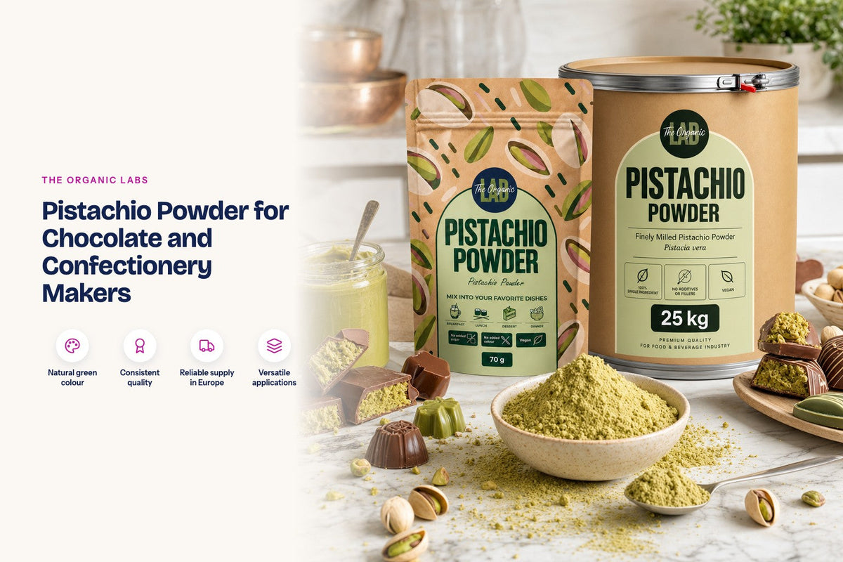 Pistachio powder pack with a 25 kg drum, chocolate bars with a green filling and pralines