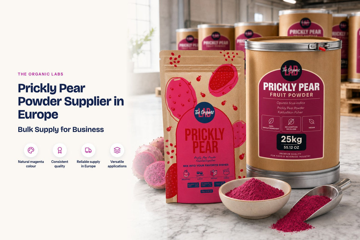 Prickly pear powder pack with a 25 kg bulk drum in a warehouse