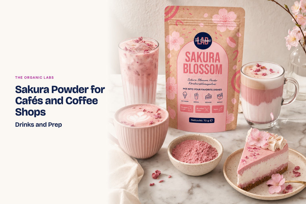 Sakura powder pack with hot and iced lattes on a café counter