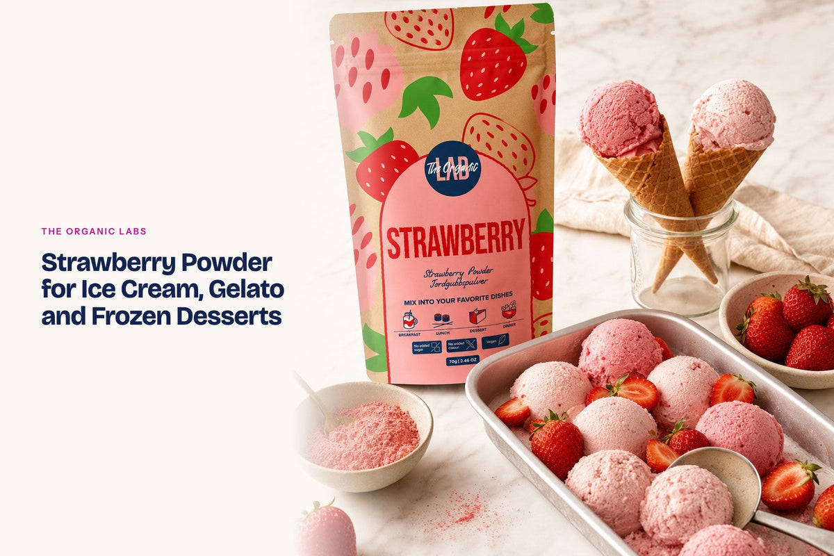 Freeze-dried strawberry powder pack with scoops of ice cream and gelato