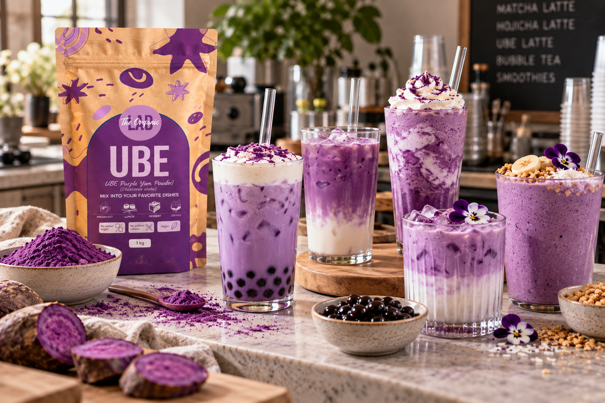 Ube powder for bubble tea and beverage production with Ube milk tea, iced drinks and smoothies