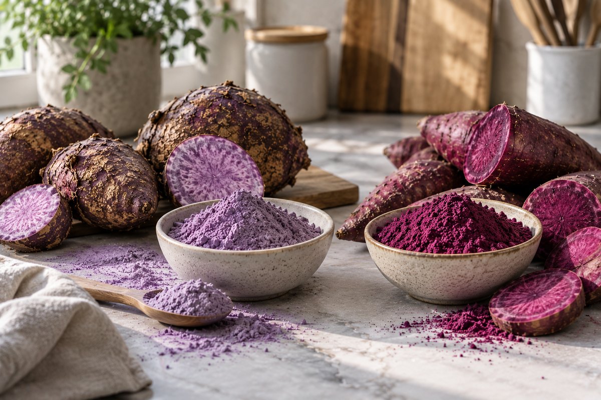 Ube purple yam compared with purple sweet potato and their powders