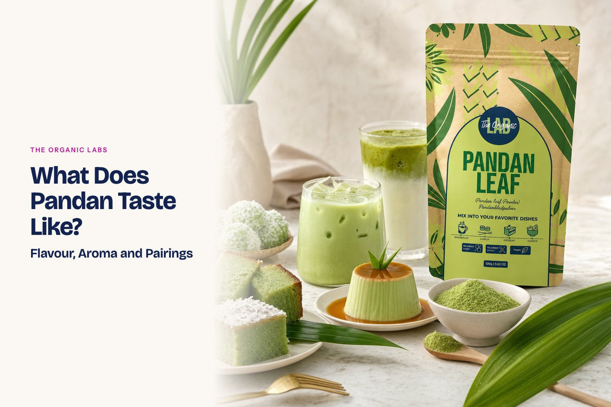 Pandan powder pack with drinks and desserts made with it