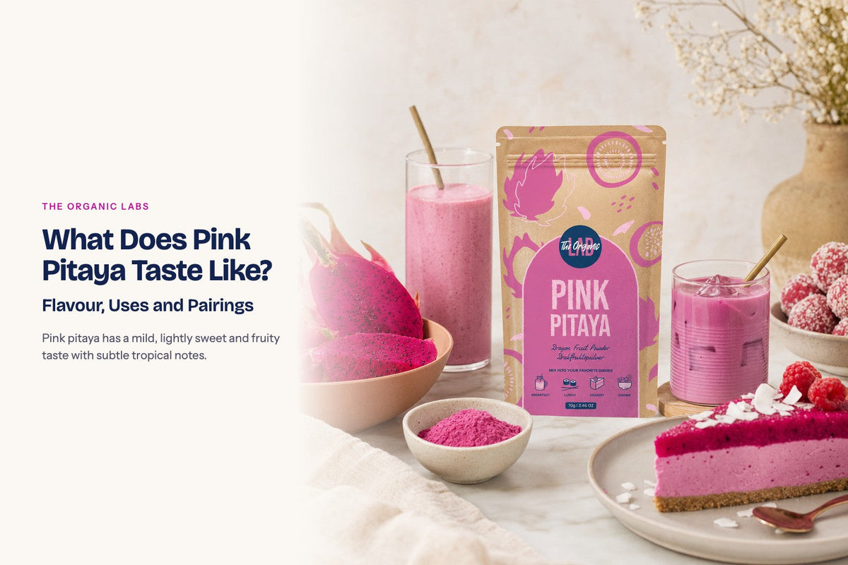 Pink pitaya powder pack with drinks and desserts made with it