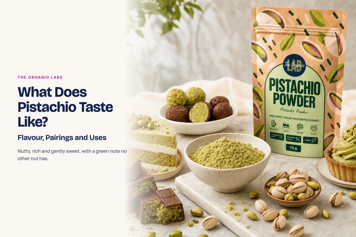 Pistachio powder pack with desserts and pastries made with it