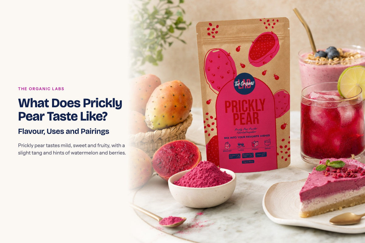 Prickly pear powder pack with drinks and desserts made with it