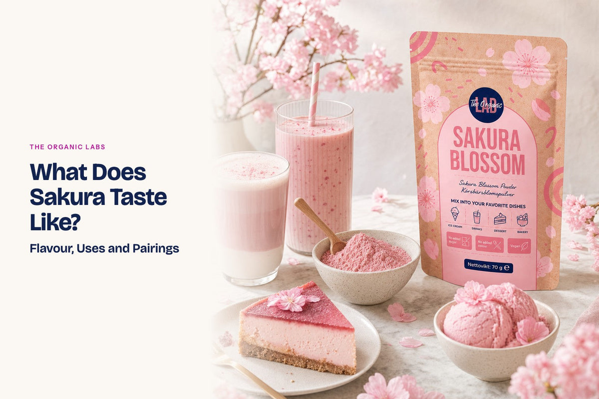Sakura powder pack with drinks and desserts made with it