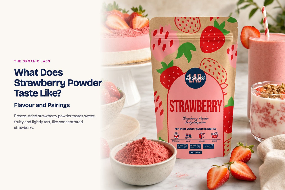 Freeze-dried strawberry powder pack with drinks and desserts made with it