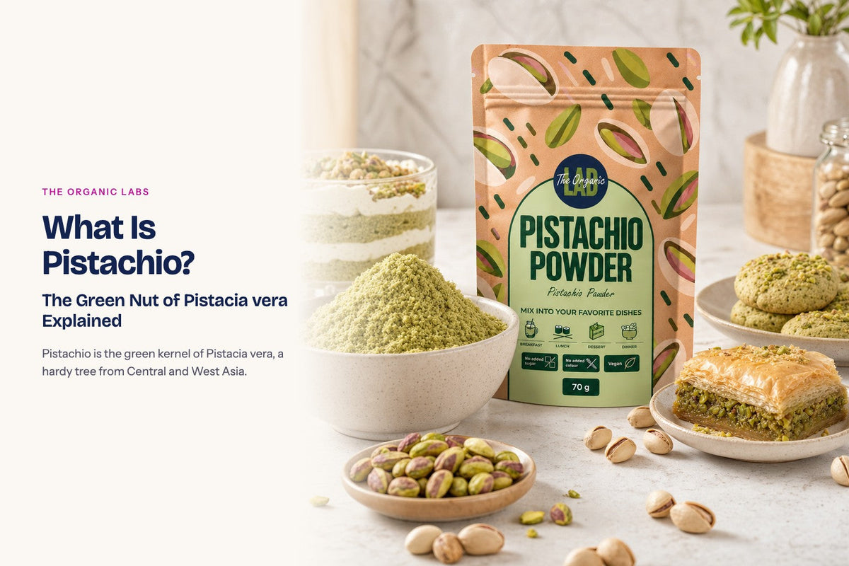 Pistachio powder pack with a bowl of the powder, desserts and pastries
