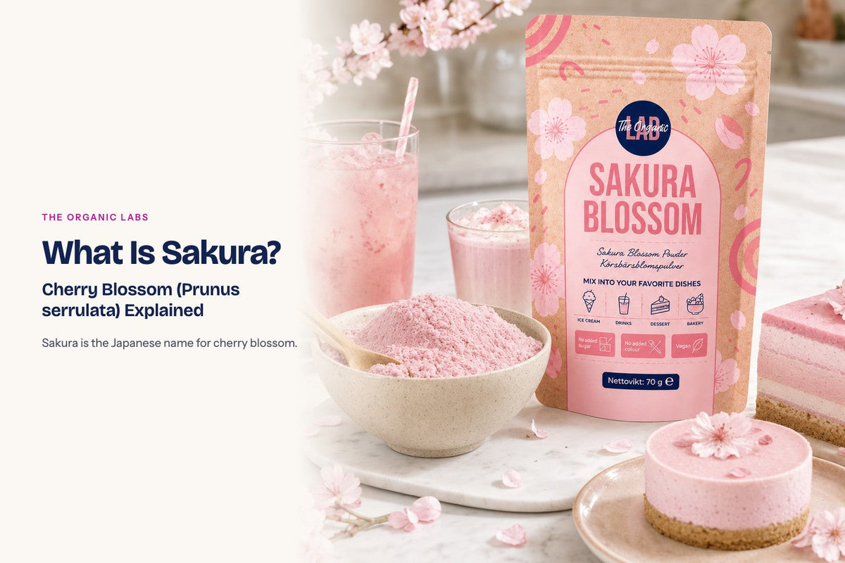 Sakura powder pack with a bowl of the powder, drinks and desserts